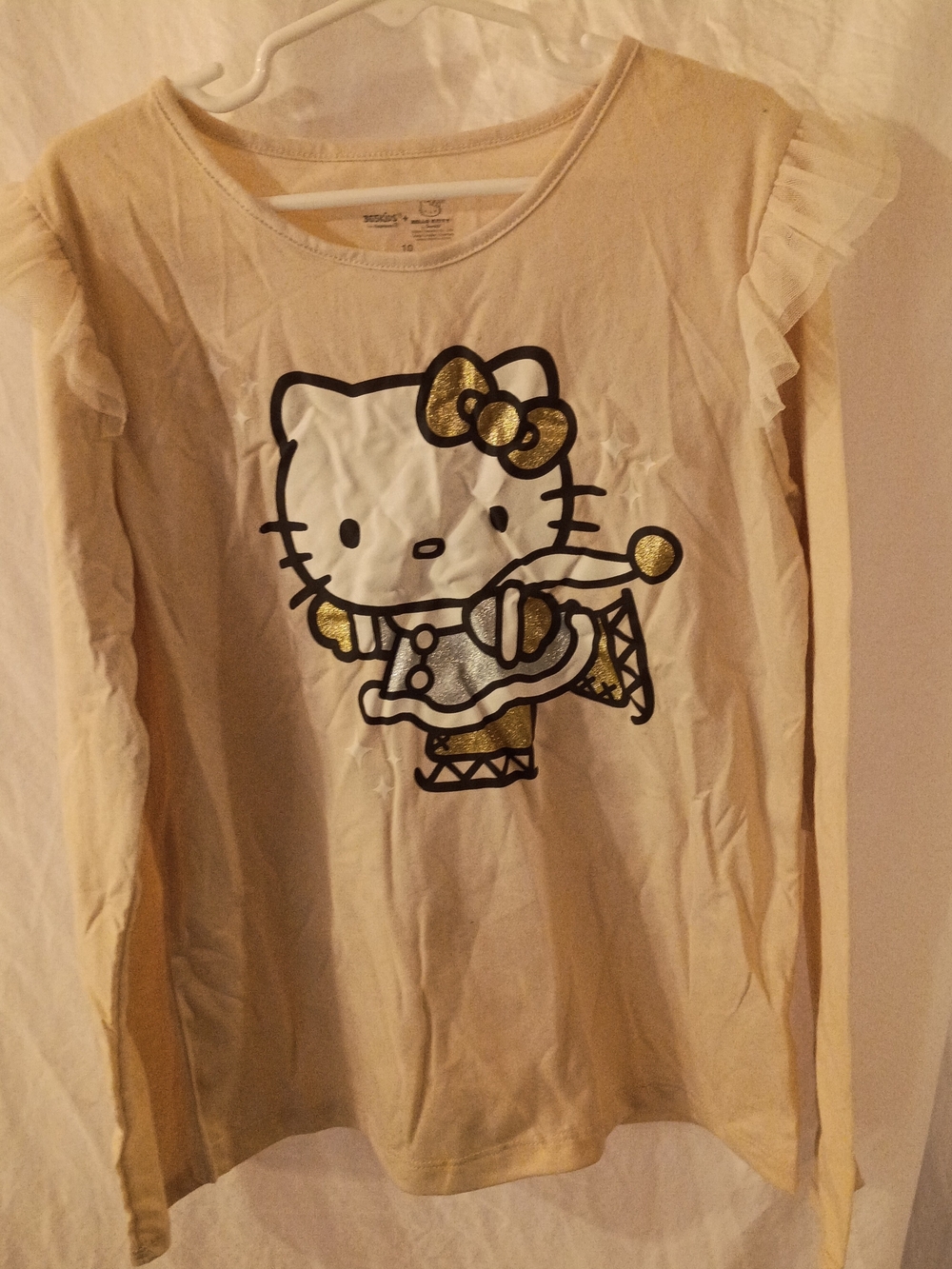 Hello Kitty Cream Long Sleeve Top with Gold Glitter Graphic